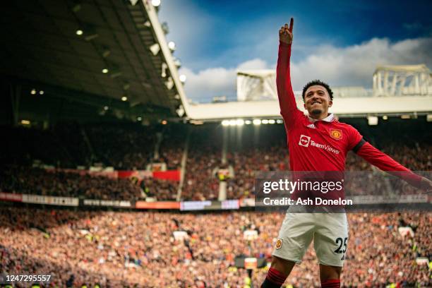 Jadon Sancho of Manchester United celebrates scoring a goal to make the score 3-0 during the Premier League match between Manchester United and...