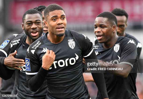 Monaco's Dutch forward Myron Boadu celebrates with teammates after scoring the second goal for his team during the French L1 football match between...
