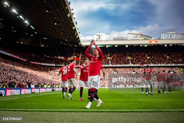 Jadon Sancho of Manchester United celebrates scoring a goal to make the score 3-0 during the Premier League match between Manchester United and...