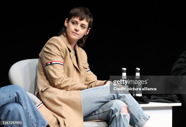 February 2023, Berlin: Jury President Kristen Stewart speaks to the jury during a talent discussion panel. The 73rd International Film Festival runs...