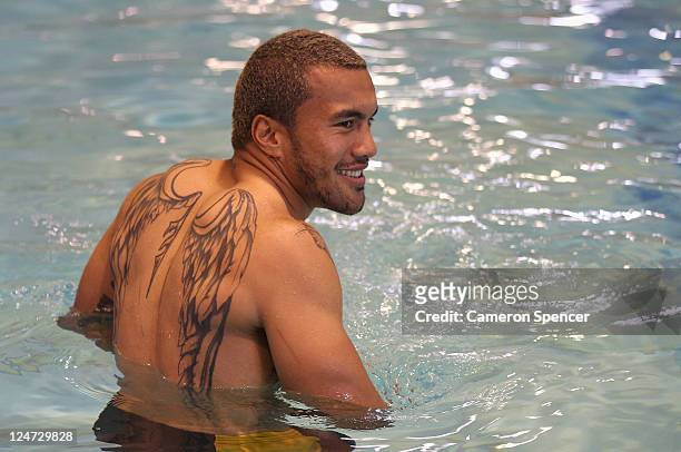 Digby Ioane of the Wallabies looks on during an Australia IRB Rugby World Cup 2011 recovery session at the West Wave Aquatic Centre on September 12,...