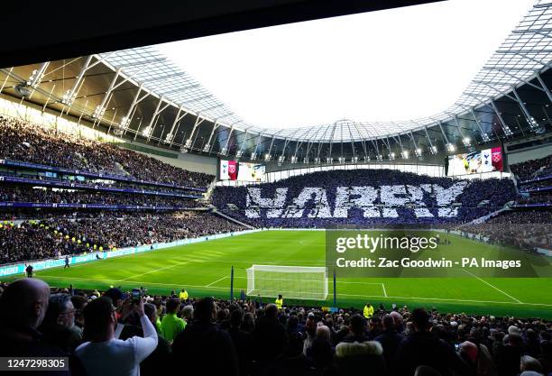 General view of fans in the stands displaying a tribute to all-time Tottenham top scorer Harry Kane ahead of the Premier League match at the...