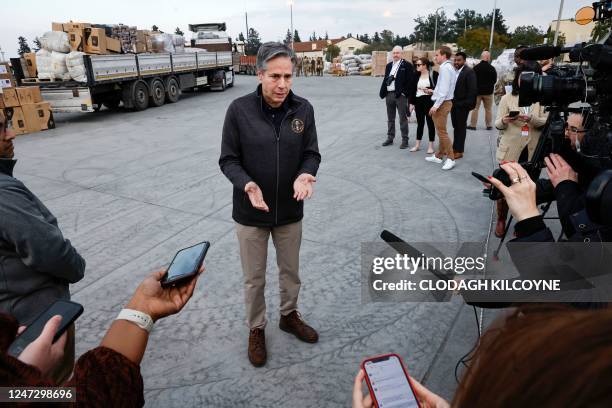 Secretary of State Antony Blinken addresses media at Incirlik Air Base near Adana, on February 19 during an official visit after a 7,8-magnitude...