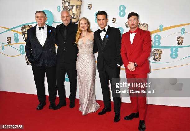 Brendan Gleeson, Martin McDonagh, Kerry Condon, Colin Farrell and Barry Keoghan arrive at the EE BAFTA Film Awards 2023 at The Royal Festival Hall on...