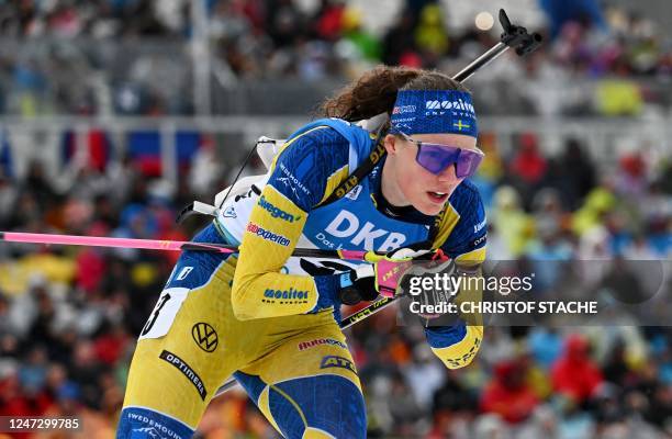 Sweden's Hanna Oberg competes to win the women's 12,5km mass start competition of the IBU Biathlon World Championships in Oberhof, eastern Germany on...