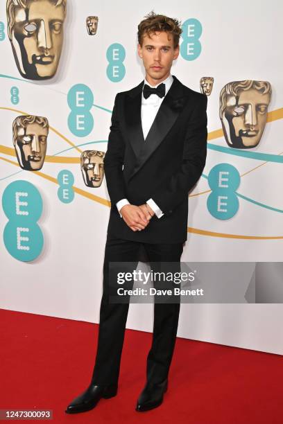 Austin Butler arrives at the EE BAFTA Film Awards 2023 at The Royal Festival Hall on February 19, 2023 in London, England.