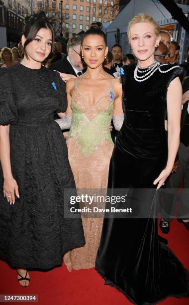 Yusra Mardini, Gugu Mbatha-Raw and Cate Blanchett arrive at the EE BAFTA Film Awards 2023 at The Royal Festival Hall on February 19, 2023 in London,...