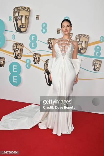Lily James arrives at the EE BAFTA Film Awards 2023 at The Royal Festival Hall on February 19, 2023 in London, England.