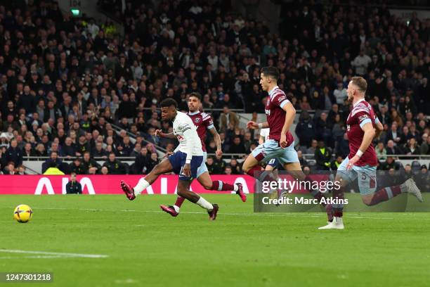 Emerson Royal of Tottenham Hotspur scores the opening goal during the Premier League match between Tottenham Hotspur and West Ham United at Tottenham...