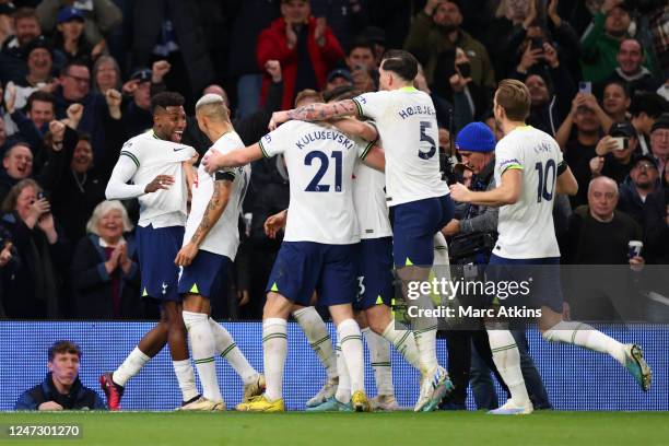 Emerson Royal of Tottenham Hotspur celebrates scoring the opening goal during the Premier League match between Tottenham Hotspur and West Ham United...