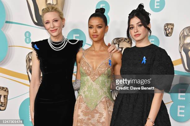 Cate Blanchett, Gugu Mbatha-Raw and Yusra Mardini arrive at the EE BAFTA Film Awards 2023 at The Royal Festival Hall on February 19, 2023 in London,...
