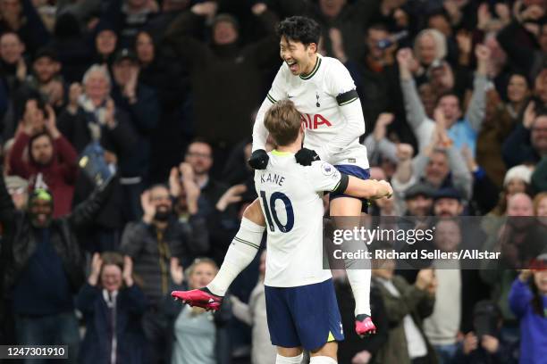 Harry Kane of Tottenham Hotspur and Heung-Min Son of Tottenham Hotspur celebrate 2nd goal during the Premier League match between Tottenham Hotspur...