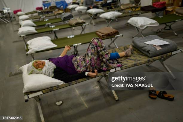 Camp beds are set up on the Turkish warship TCG Sancaktar, ready to receive and treat victims of the February 6 earthquake, in the port of...