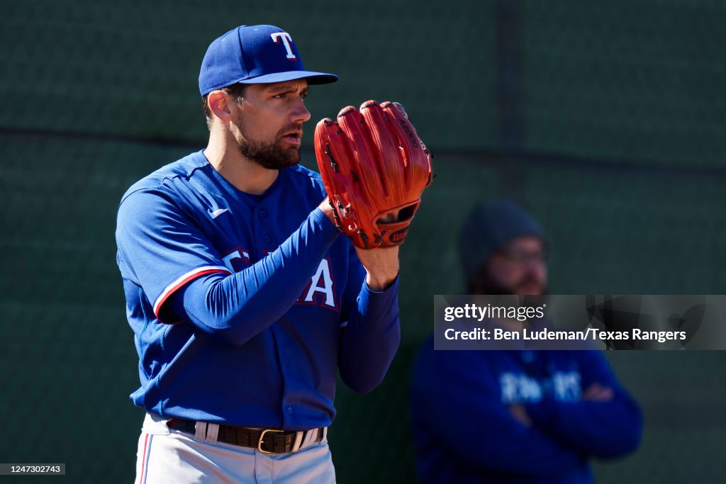 Texas Spring Training Nathan Eovaldi of the Texas Rangers delivers a pitch during a Texas ...
