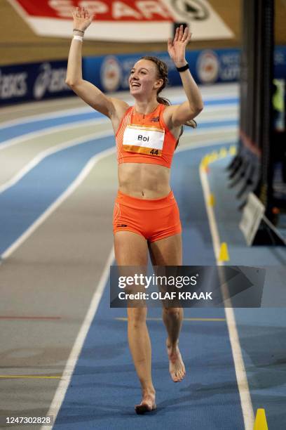 Netherlands' Femke Bol celebrates after winning the women's 400 meters race and beating a 41 year old world record, during the Dutch national indoor...