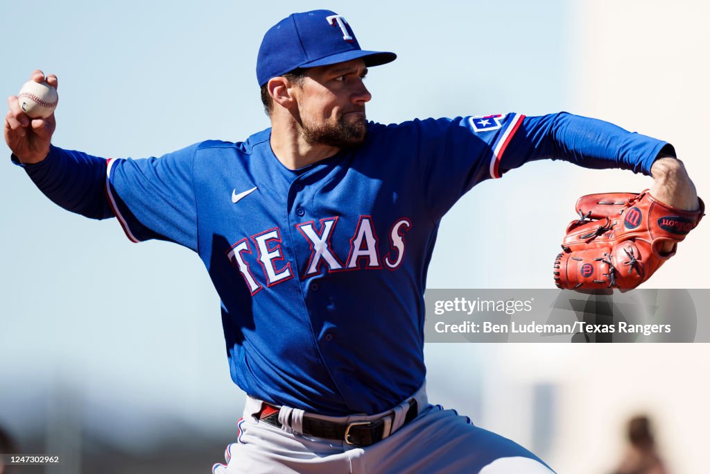 Texas Spring Training Nathan Eovaldi of the Texas Rangers delivers a pitch during a Texas ...