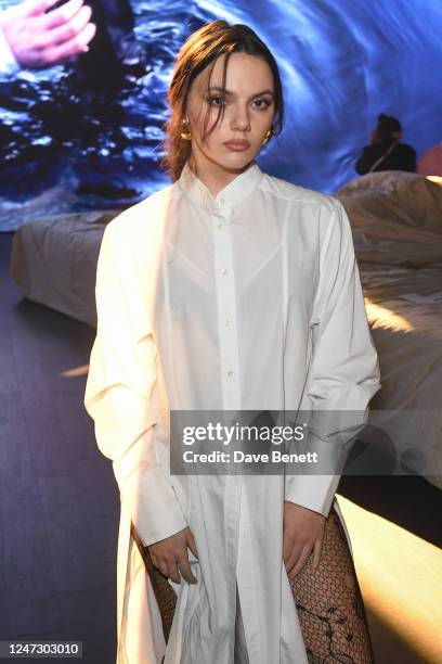 Dafne Keen attends the S.S.Daley front row during London Fashion Week February 2023 at Outernet London on February 19, 2023 in London, England.