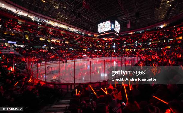 Fans wave light sabers on Star Wars day prior to a game between the Ottawa Senators and the St. Louis Blues at Canadian Tire Centre on February 19,...