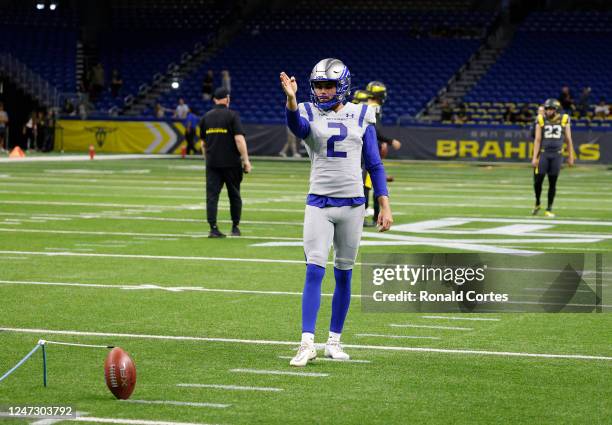 Donny Hageman of the St. Louis Battlehawks lines up a kick before their game against the of the San Antonio Brahamas at the Alamodome on February 19,...