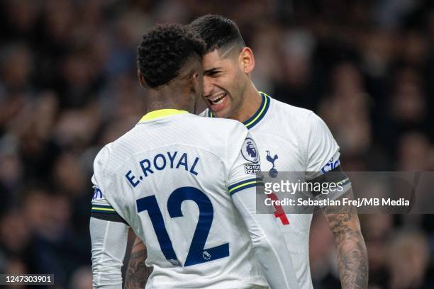 Emerson Royal of Tottenham Hotspur celebrates with Cristian Romero after scoring opening goal during the Premier League match between Tottenham...