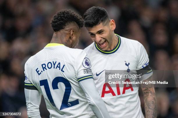 Emerson Royal of Tottenham Hotspur celebrates with Cristian Romero after scoring opening goal during the Premier League match between Tottenham...