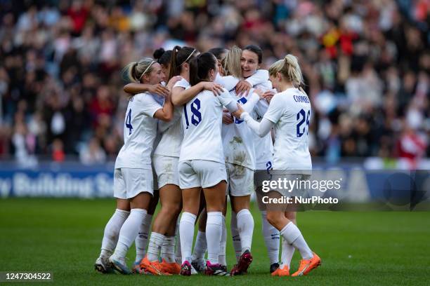 Rachel Daly of England and teamates celebrate scoring their side's second goal of the game during the Arnold Clark Cup match between England Women...