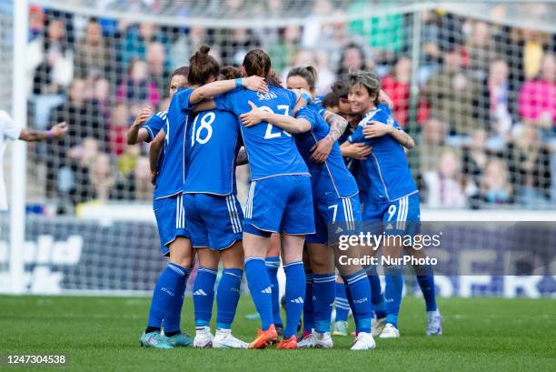 Sofia Cantore of Italy and teammates celebrate scoring their side's first goal of the game during the Arnold Clark Cup match between England Women...