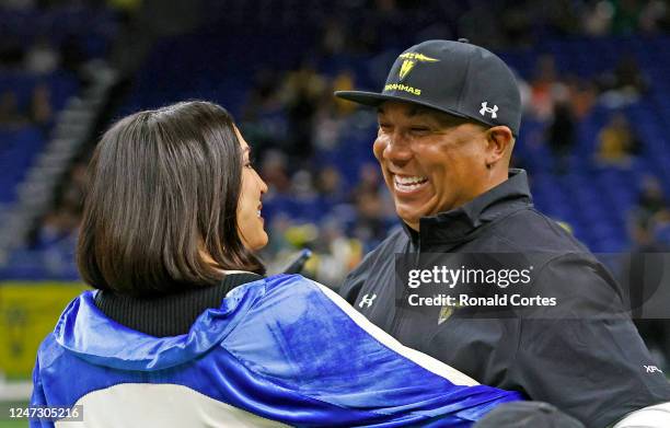 Hines Ward head coach of the San Antonio Brahmas greets one of the owner Dany Garcia of XFL before the start of their game against the St. Louis...