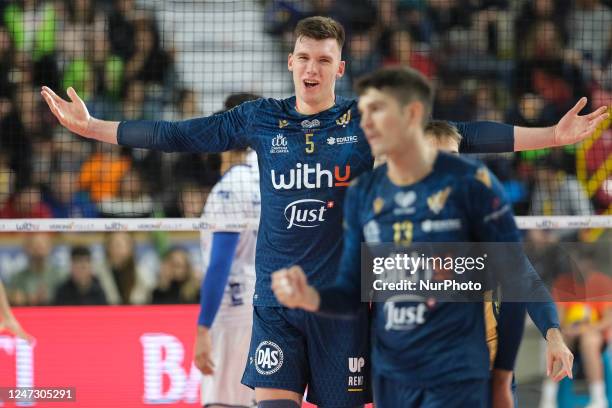 Exultation of Maksim Sapozhkov - WithU Verona during the match between WithU Verona VS Valsa Group Modena Volley valid for Superlega Men Volley...