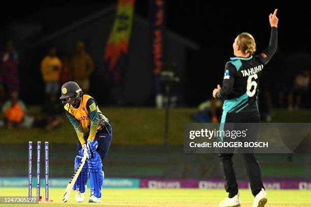 New Zealand's Lea Tahuhu celebrates bowling Sri Lanka's Anushka Sanjeewani during the Group A T20 women's World Cup cricket match between New Zealand...