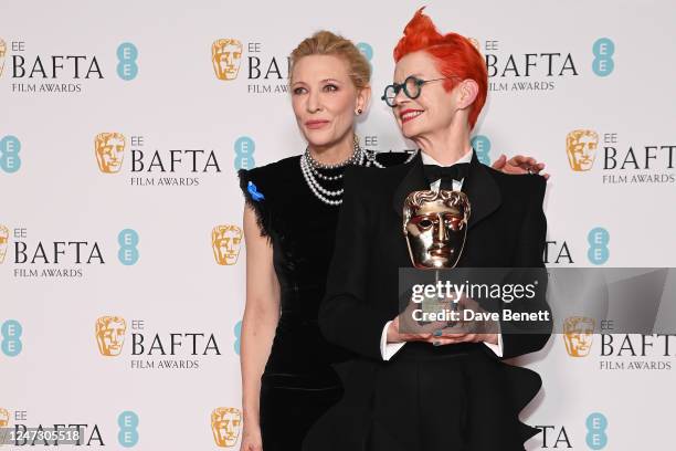 Cate Blanchett and Sandy Powell, winner of the Fellowship Award, pose in the Winners Room at the EE BAFTA Film Awards 2023 at The Royal Festival Hall...