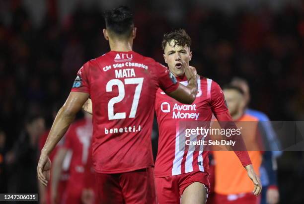 Sligo , Ireland - 18 February 2023; Kailin Barlow, right, and Max Mata of Sligo Rovers after the SSE Airtricity Men's Premier Division match between...