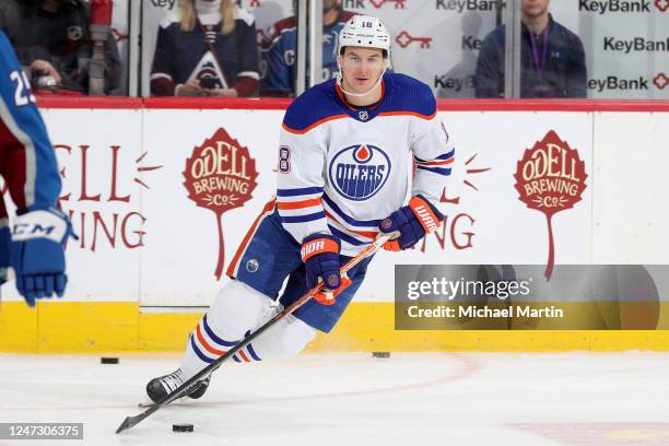 Zach Hyman of the Edmonton Oilers skates prior to the game against the Colorado Avalanche at Ball Arena on February 19, 2023 in Denver, Colorado.