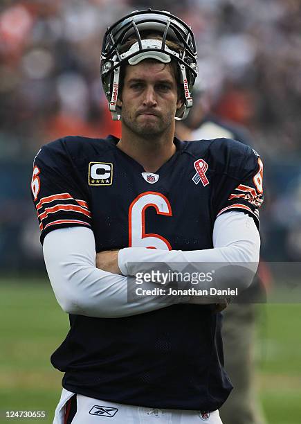 Jay Cutler of the Chicago Bears waits for officials to make a replay call against the Atlanta Falcons at Soldier Field on September 11, 2011 in...