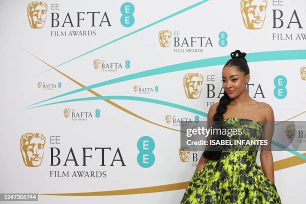 British actress Karla-Simone Spence poses on the red carpet upon arrival at the BAFTA British Academy Film Awards at the Royal Festival Hall,...