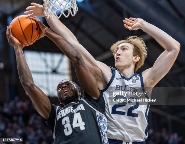 Qudus Wahab of the Georgetown Hoyas shoots the ball against Connor Turnbull of the Butler Bulldogs during the first half at Hinkle Fieldhouse on...