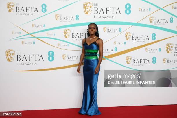 Actress Danielle Deadwyler poses on the red carpet upon arrival at the BAFTA British Academy Film Awards at the Royal Festival Hall, Southbank...