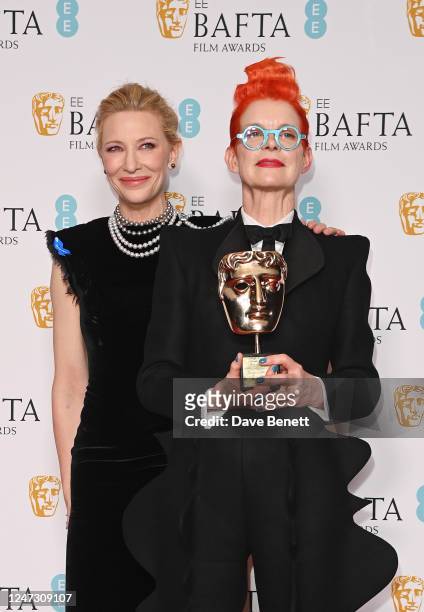 Cate Blanchett and Sandy Powell, winner of the Fellowship Award, pose in the Winners Room at the EE BAFTA Film Awards 2023 at The Royal Festival Hall...