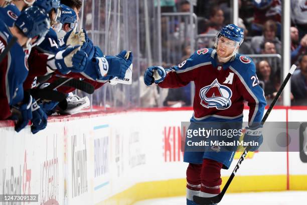 Nathan MacKinnon of the Colorado Avalanche celebrates a goal against the Edmonton Oilers at Ball Arena on February 19, 2023 in Denver, Colorado.