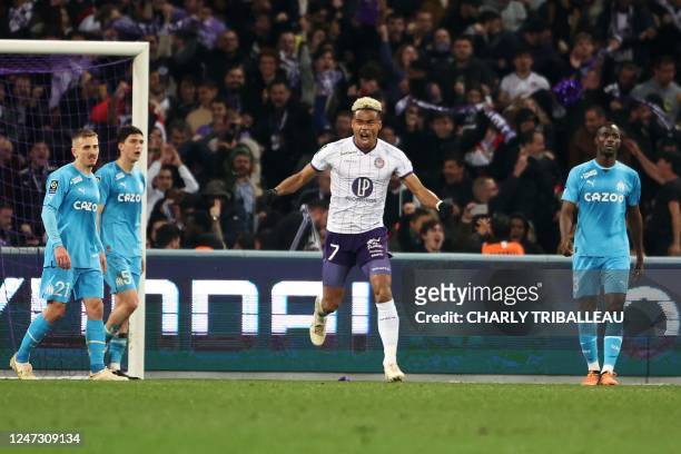 Toulouse's Japanese forward Ado Onaiwu celebrates scoring his team's second goal during the French L1 football match between Toulouse FC and...