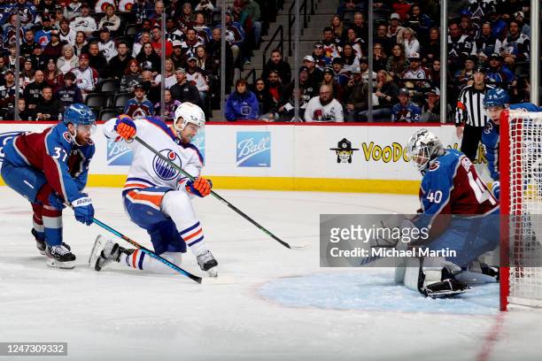 Warren Foegele of the Edmonton Oilers scores against the Colorado Avalanche at Ball Arena on February 19, 2023 in Denver, Colorado.