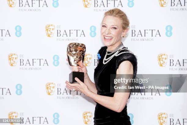 Cate Blanchett poses with the award for Leading Actress for Tar in the press room at the 76th British Academy Film Awards held at the Southbank...