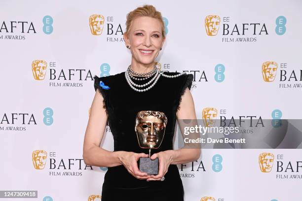 Cate Blanchett, winner of the Best Actress award for "Tar", poses in the Winners Room at the EE BAFTA Film Awards 2023 at The Royal Festival Hall on...
