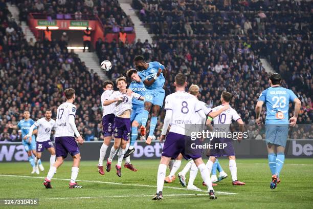 Anthony ROUAULT - 05 Leonardo Julian BALERDI ROSA - 99 Chancel MBEMBA MANGULU during the Ligue 1 Uber Eats match between Toulouse FC and Olympique de...