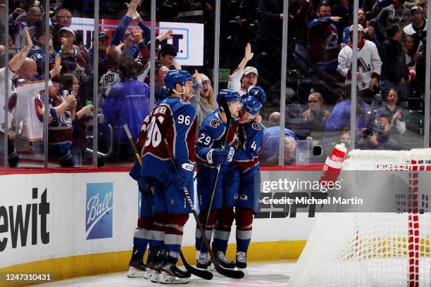 Mikko Rantanen, Artturi Lehkonen, Nathan MacKinnon and Bowen Byram of the Colorado Avalanche celebrate a goal against the Edmonton Oilers at Ball...