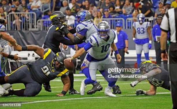 McCarron of the St. Louis Battlehawks scrambles against the San Antonio Brahamas at the Alamodome on February 19, 2023 in San Antonio, Texas.