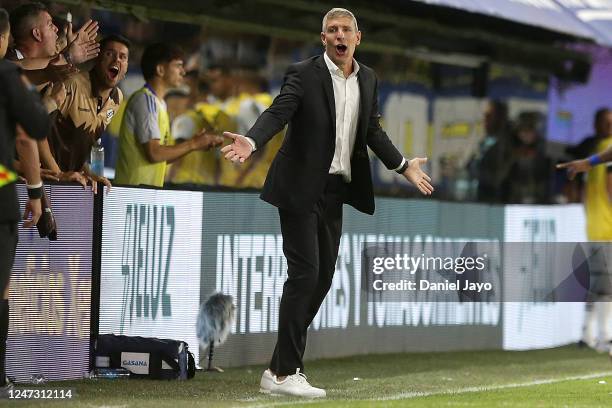 Martin Palermo, coach of Platense, reacts during a match between Boca Juniors and Platense as part of Liga Profesional 2023 at Estadio Alberto J....