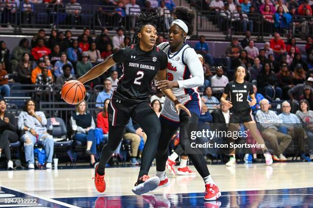 South Carolina forward Ashlyn Watkins drives against the Ole Miss defense during the college basketball game between the South Carolina Gamecocks and...