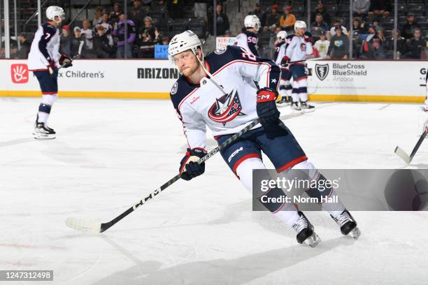Mathieu Olivier of the Columbus Blue Jackets skates during warmups prior to a game against the Arizona Coyotes at Mullett Arena on February 19, 2023...