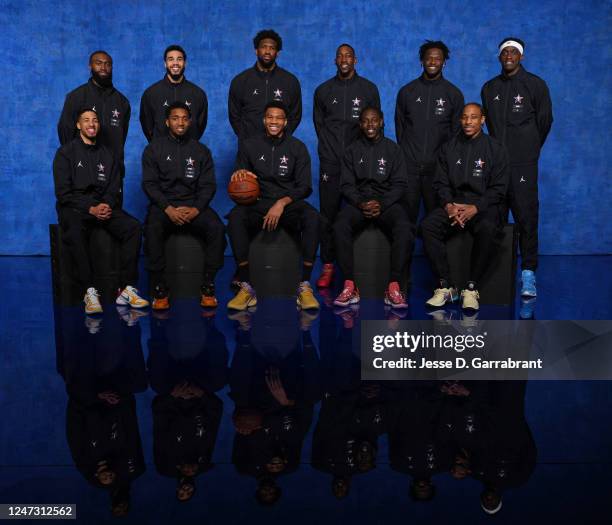 The Eastern Conference All Stars pose for a group photo during the NBA All-Star Game as part of 2023 NBA All Star Weekend on Sunday, February 19,...